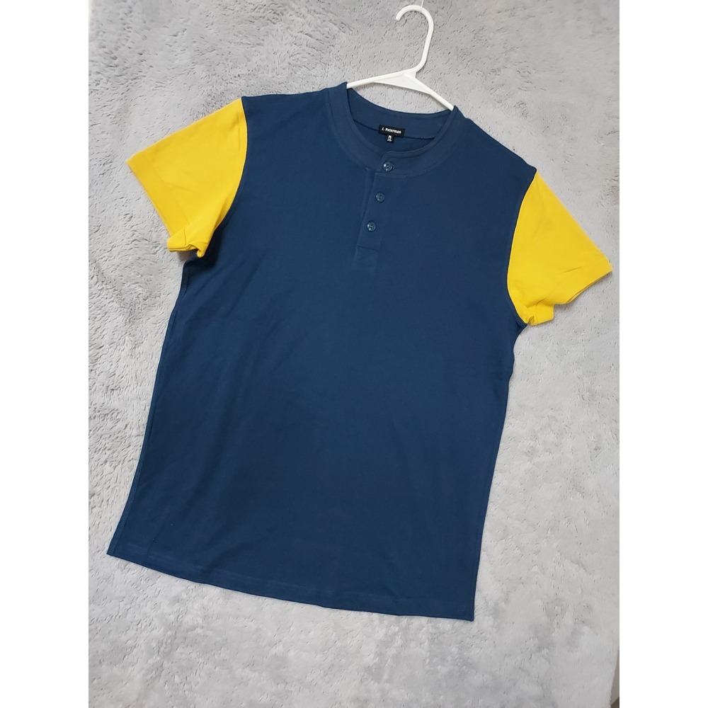 J Peterman Shirt Mens Medium Henley Short Sleeve Colorblock Blue Yellow Preppy